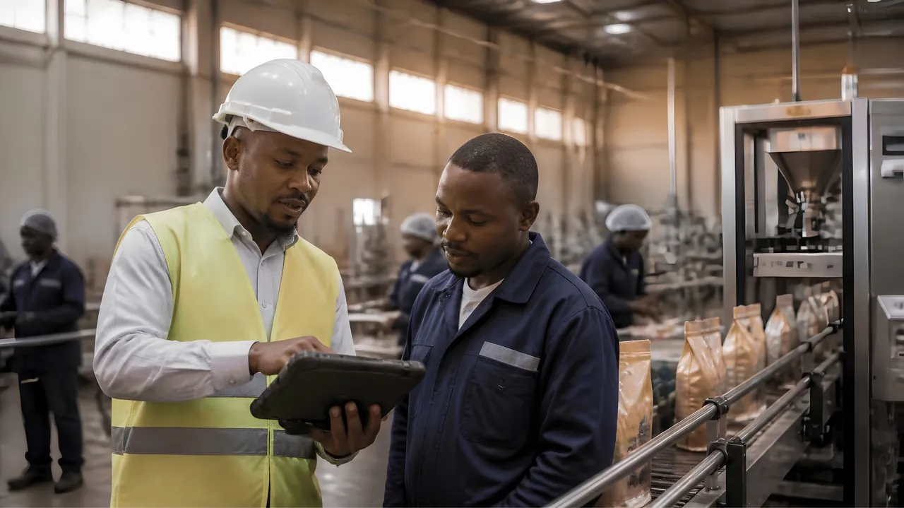 Plant manager and supervisor reviewing production on a tablet beside a packaging line