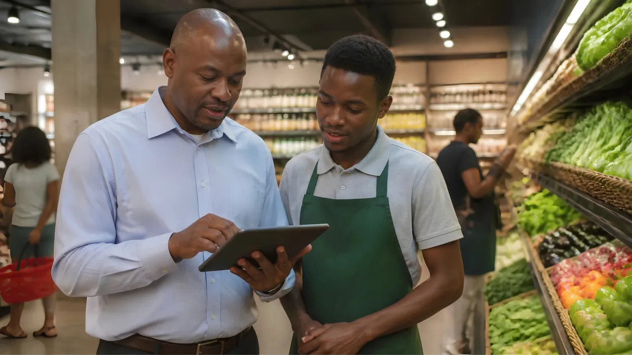 Store manager and team member checking stock on a tablet in a supermarket