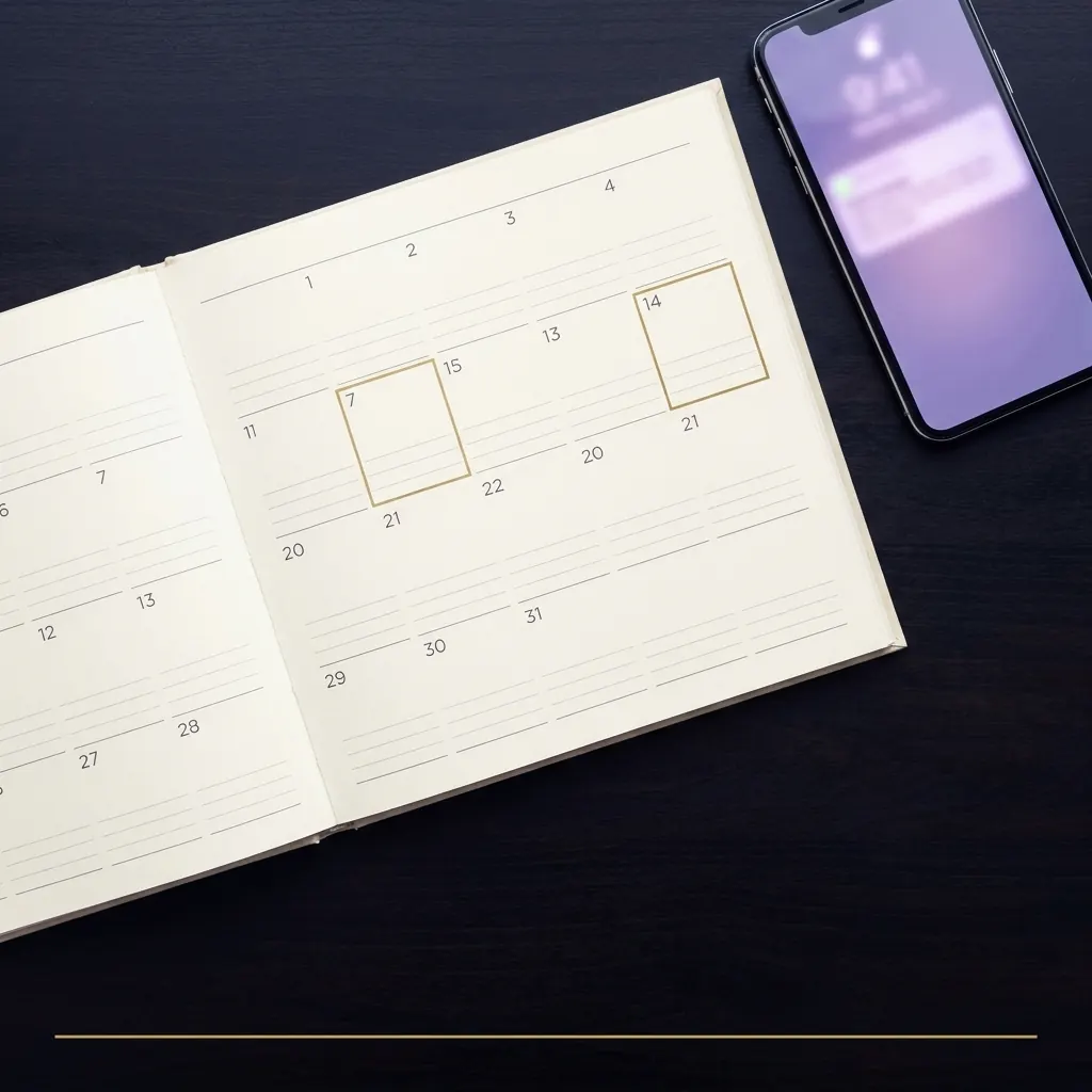 An overhead shot of a desk calendar with a boxed date and a phone showing a notification glow