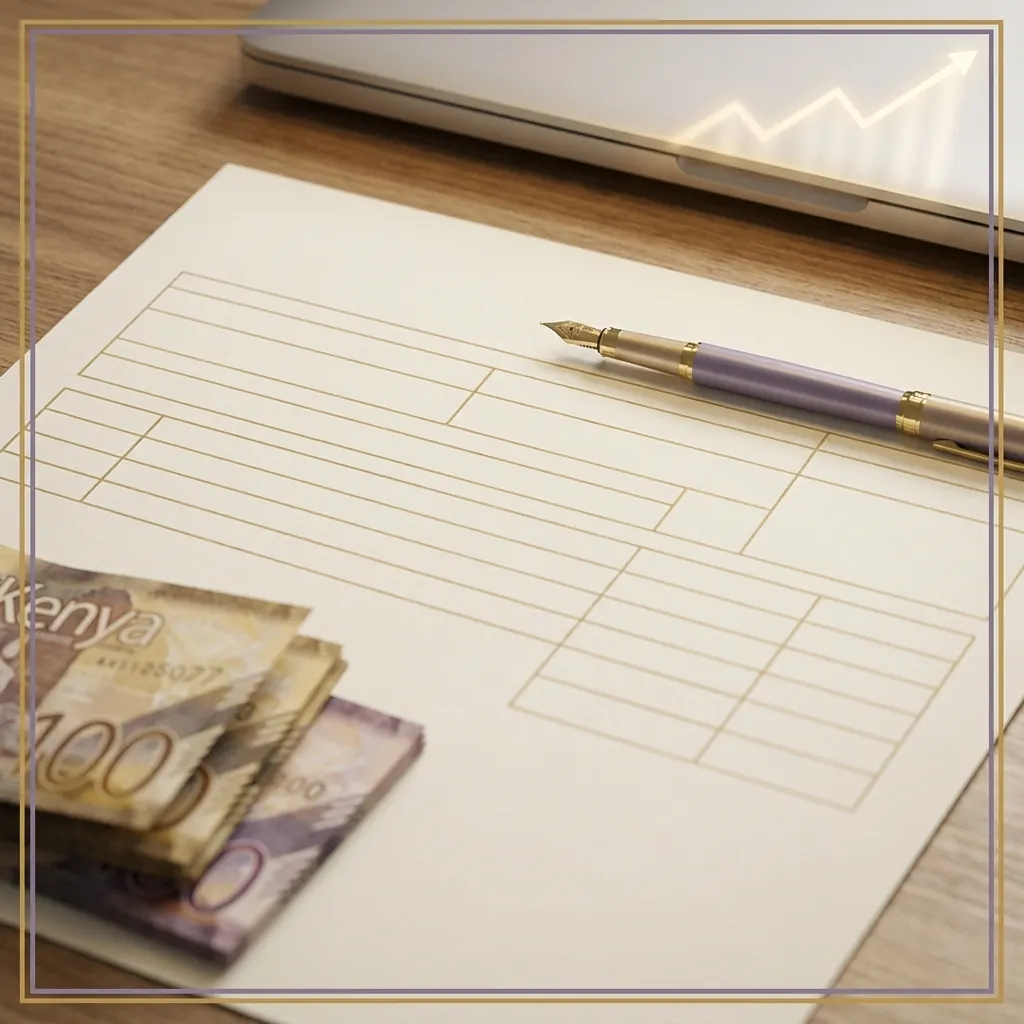 An overhead shot of an invoice document, a fountain pen and out-of-focus banknotes
