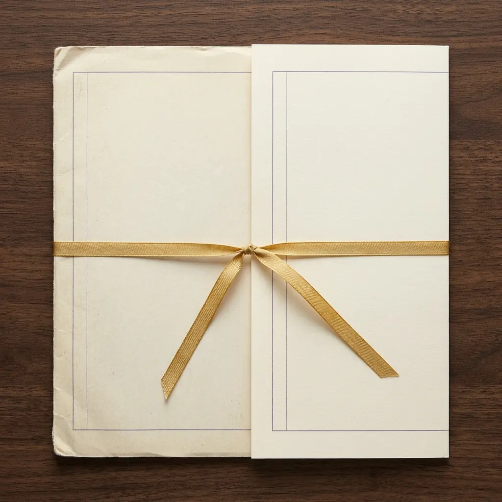 Two policy folders tied together with a single gold ribbon, one worn and one crisp