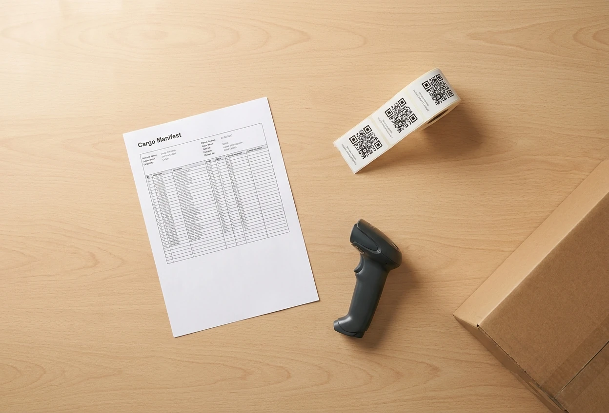 A printed cargo manifest, a strip of QR labels and a handheld barcode scanner on a desk